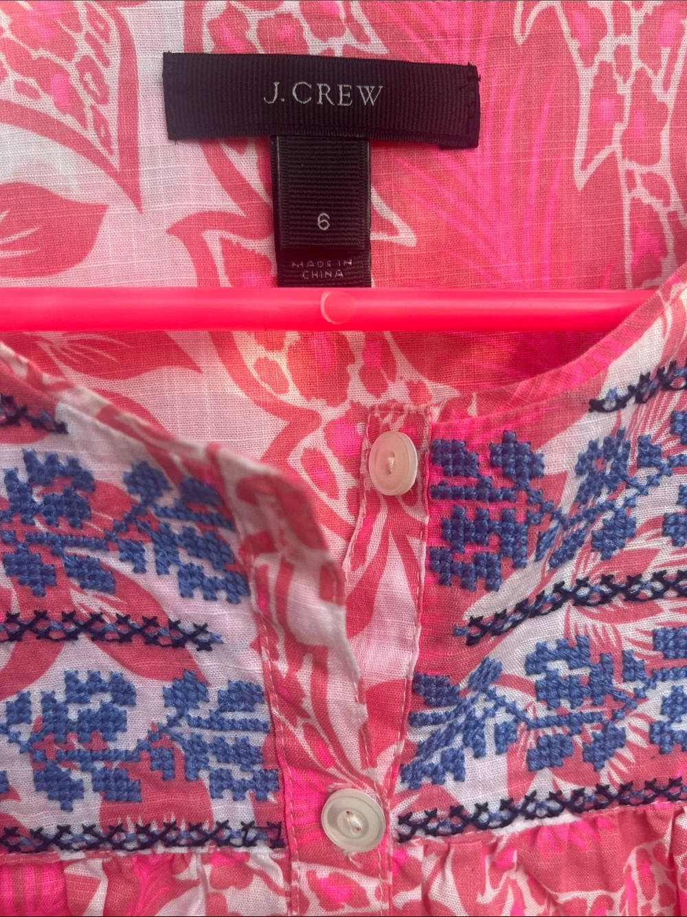 J. Crew Pink and Blue Floral Embroidered Peasant Blouse